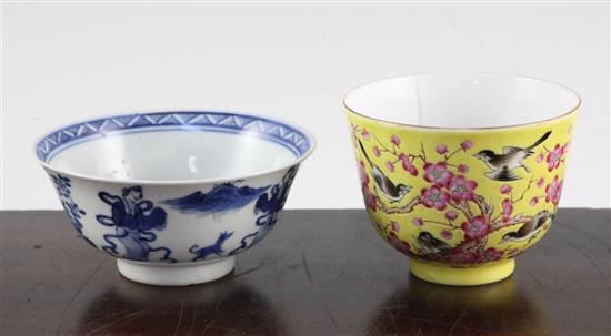 A Chinese porcelain cup and a Chinese blue and white bowl